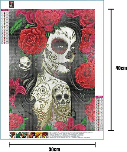 Vista 5 de Pintura de diamantes de calavera de azúcar 5D, kit de numeración, arte del día de la muerte, arte de pared de rosa roja, arte de pared con diamantes