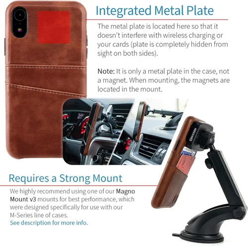 Vista 3 de Dockem Funda tipo cartera para iPhone XR: placa metálica integrada para montaje magnético y 2 tarjeteros (6.1" Exec M2, cuero sintético, marrón)