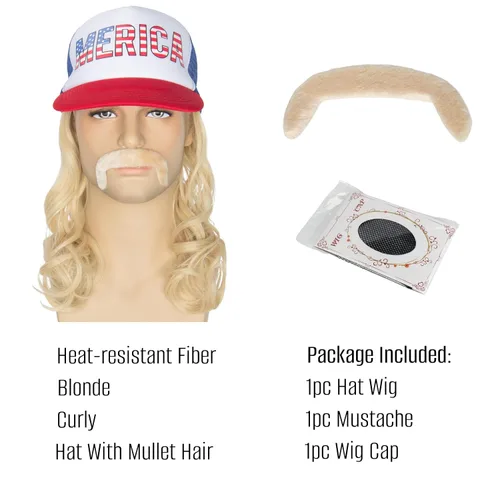 Vista 2 de Peluca rubia con sombrero de salmonete con bigote para hombres, disfraz americano del 4 de julio, pelucas divertidas para hombres