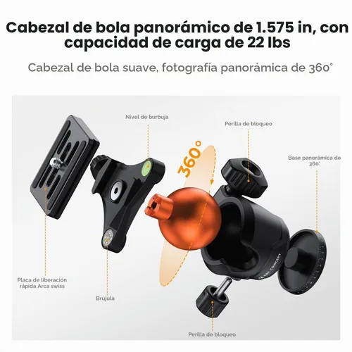 Vista 3 de K&F CONCEPT Trípode de viaje de aluminio de 63" para cámara