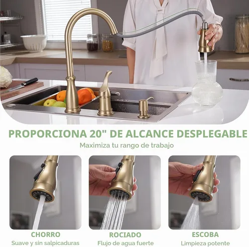Vista 4 de APPASO - Grifo de cocina dorado cepillado de 2 a 3 agujeros, mango lateral, rociador desplegable Oro cepillado