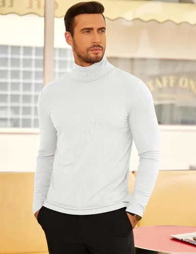 Vista 2 de COOFANDY Camisetas de manga larga con cuello alto para hombre, ajustadas, acanaladas, básicas, suéter de punto ligero