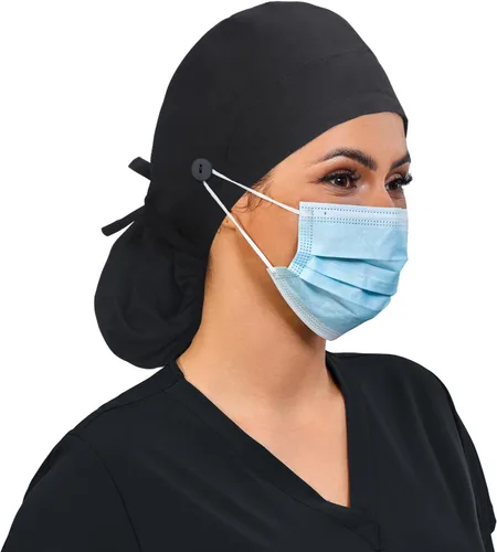 Vista 7 de Gorra de trabajo ajustable con botón, gorro de trabajo de algodón, banda para el sudor con bolsillo para cola de caballo, lazo elástico