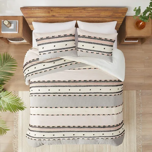 Vista 6 de Hyde Lane Juego de edredón bohemio tamaño Queen, ropa de cama moderna tamaño Full estilo casa de campo, parte superior de algodón con rayas jacquard