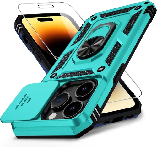 Vista 15 de Funda para iPhone 14 con cubierta para lente de cámara, protector de pantalla HD, protección contra caídas de grado militar de 10 pies, soporte