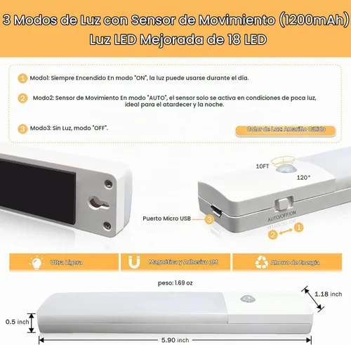 Vista 6 de Luces LED recargables para debajo del gabinete, con sensor de movimiento magnético para interiores, sensor de movimiento, luces inalámbricas