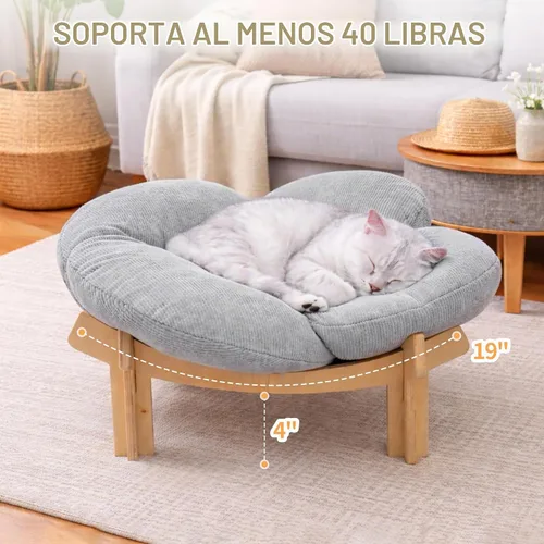 Vista 4 de Cama elevada de madera para gatos con cojín extraíble esponjoso, moderno sofá para gatos en forma de pétalos, sofá para gatos de interior, perros