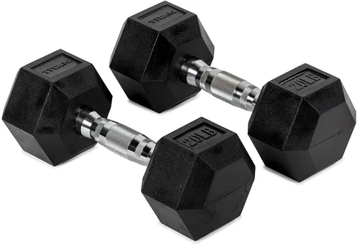 Vista 17 de Titan Fitness Pair Rubber Coated Hex Dumbbells, Roll-Resistant Hexagonal Free Weights, Chrome-Coated Handles with Knurling, Strength Training