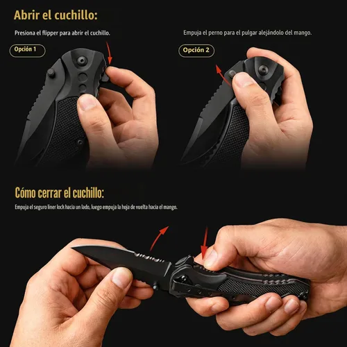 Vista 7 de Navaja de bolsillo con bloqueo de seguridad - Hoja afilada de 3.4 pulgadas - Cuchillo táctico plegable con mango de aluminio - Herramienta ideal