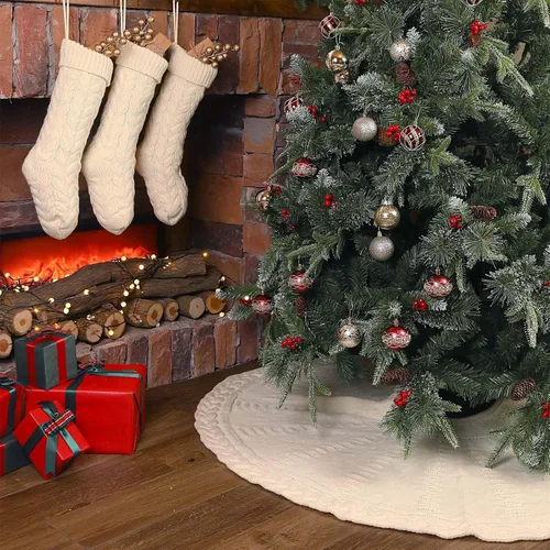 Vista 5 de Falda de árbol de Navidad de 60 pulgadas: falda de árbol grande para árbol de 9 pies, falda de árbol de punto trenzado color blanco crema, faldas