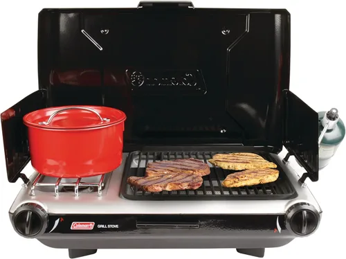 Vista 2 de Coleman Parrilla/estufa de campamento 2 en 1 de mesa, parrilla y estufa de propano de 2 quemadores con quemadores ajustables y 20,000 BTU