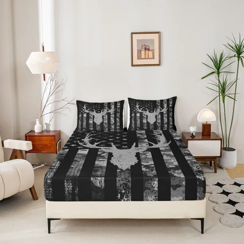 Vista 4 de Homewish Sábana bajera ajustable con diseño de bandera estadounidense de camuflaje para niños, tamaño individual, silueta de cuernos de ciervo
