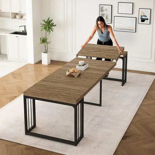 Vista 2 de KEIKI Mesa de comedor plegable extensible de 23.62 a 118 pulgadas de largo para 2 a 10 personas, muebles de madera moderna y rústica rectangular