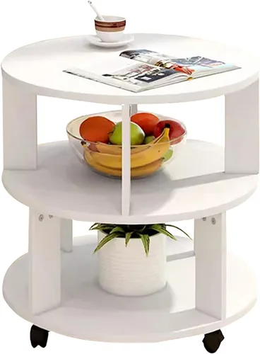Vista 8 de Mesa auxiliar redonda moderna con almacenamiento, mesita de noche con estantes de 2 niveles, mesa de centro pequeña de madera con ruedas, mesa
