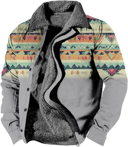 Vista 30 de LOAIHA Chaqueta de invierno para hombre, chaqueta azteca occidental para hombre, con cremallera, forro polar cálido, chaqueta vaquera, étnica vintage