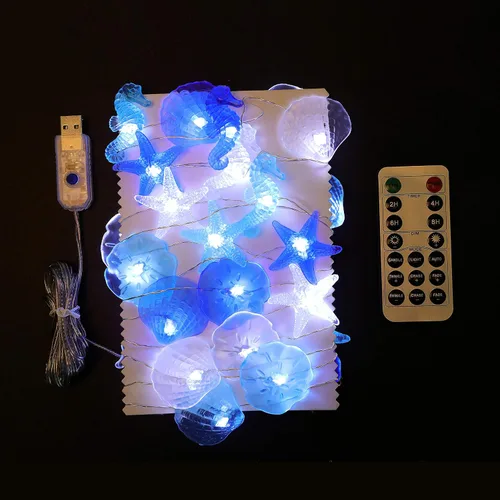 Vista 3 de WSgift Guirnalda de luces costeras, 17.5 pies, 36 luces LED de color blanco frío, decoración de playa, concha, caballito de mar, estrellas de mar