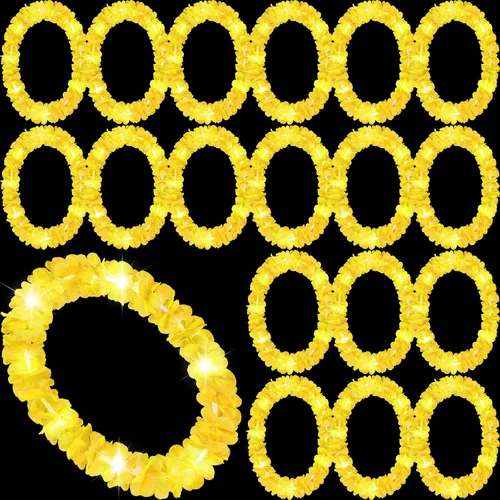 Vista 11 de Sherr 24 piezas de collares de flores hawaianas con luces LED para boda, luces LED para luau, collares de flores hawaianas para playa, carnaval