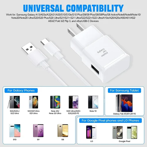 Vista 6 de Cargador rápido para Samsung 6 pies tipo C cable de carga rápida con teléfono Android USB bloque de cargador de pared para Samsung Galaxy S10 9 8