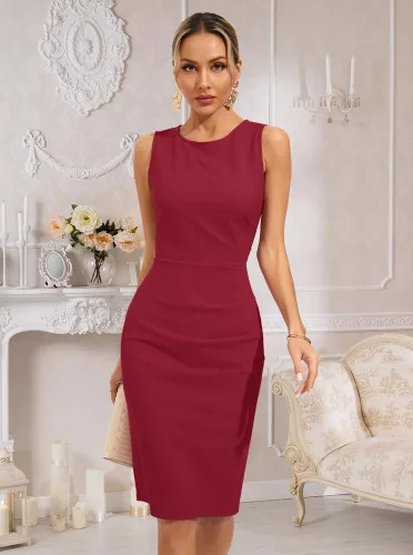 Vista 3 de oten Vestido de tubo para mujer, cuello redondo, sin mangas, fruncido, entallado, para trabajo, cóctel, fiesta