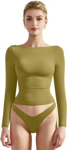 Vista 10 de SUUKSESS Camiseta de mujer con cuello redondo, manga larga, doblemente forrada, ajustada y corta