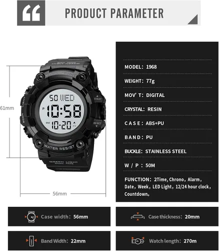 Vista 7 de XCZAP Cronómetro de esfera grande para hombre, relojes de pulsera digitales con luz LED, reloj de cuenta regresiva impermeable 5Bar