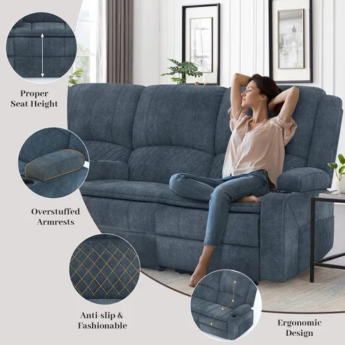 Vista 2 de Yolsali Sofá reclinable, sofá reclinable manual de 3 plazas con cojín de 2 niveles, sofás reclinables para sala de estar con consola removible