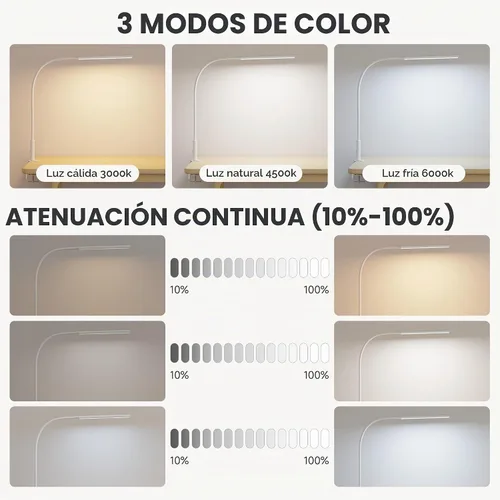 Vista 8 de Lámpara de escritorio con abrazadera para oficina en casa, 3 colores Negro (Black Pro)