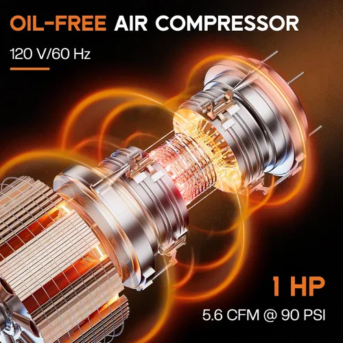 Vista 3 de Albott Compresor de aire de 8 galones con válvula de drenaje automática, tanque de compresor de aire sin aceite de 1.0 HP con ruedas, nivel de ruido