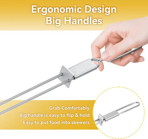 Vista 5 de Brochetas para Asar - Brochetas de 33 cm con Barra de Empuje de Doble Punta Antideslizante de Metal para Kabobs, Brocheta de Acero Inoxidable