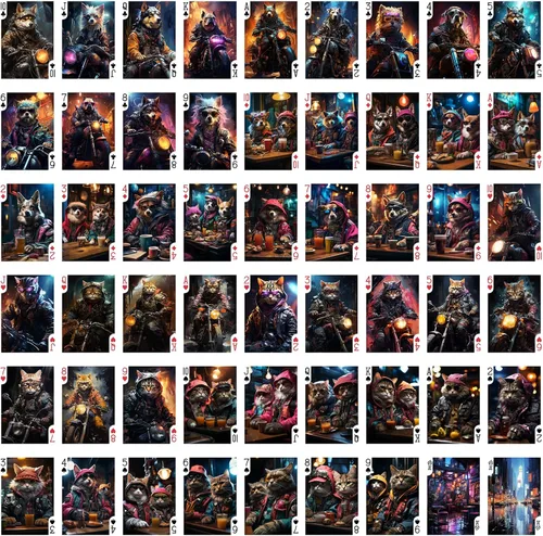 Vista 2 de Cyberpunk Gatos y Perros Biker Gang Playing Cards (Poker Deck 54 Cartas Todas Diferentes) Steampunk Tough Biker Cyberpunk Gang Card Jugando Gatos