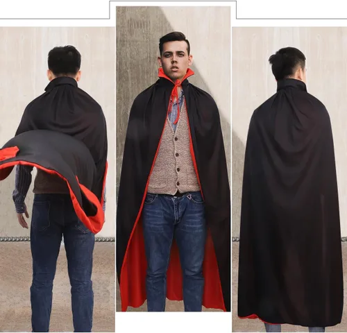 Vista 4 de IMIKEYA Capa de vampiro negra y roja de 55 pulgadas, capa de poliéster de doble capa con cuello alto para adultos cosplay y decoración de fiestas