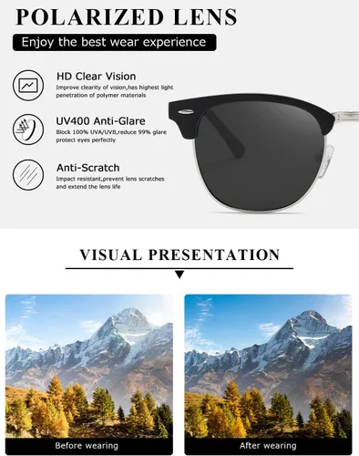 Vista 6 de AEVOGUE Gafas de sol polarizadas para mujeres y hombres con montura semi sin montura retro AE0369 (lente gris negro mate y lente gris carey gris)