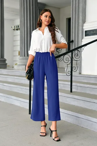 Vista 3 de Febriajuce Pantalones de pierna ancha para mujer, elásticos, de cintura alta, pantalones palazzo, holgados, casuales, para verano, playa, pantalones