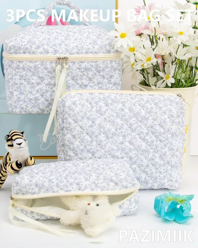 Vista 6 de Quilted Makeup Bag for Women, Travel Cosmetic&Toiletry Bag,Blue Flower