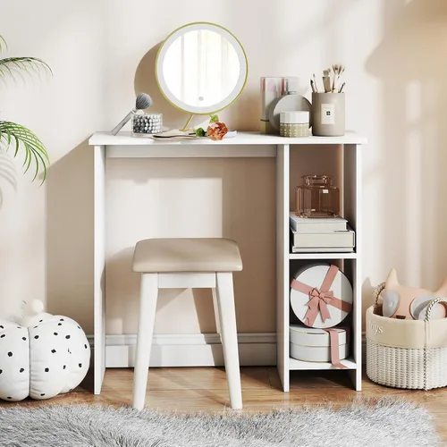 Vista 4 de Escritorio blanco para computadora, escritorio moderno con estantes de almacenamiento, mesa de juegos compacta, escritorios de madera para oficina