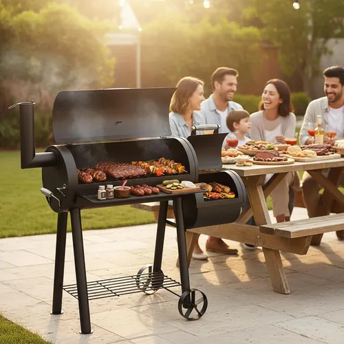 Vista 9 de MFSTUDIO Parrilla ahumadora de madera de carbón resistente para exteriores, parrilla de carbón con ahumador combinado para asar a la barbacoa, 512