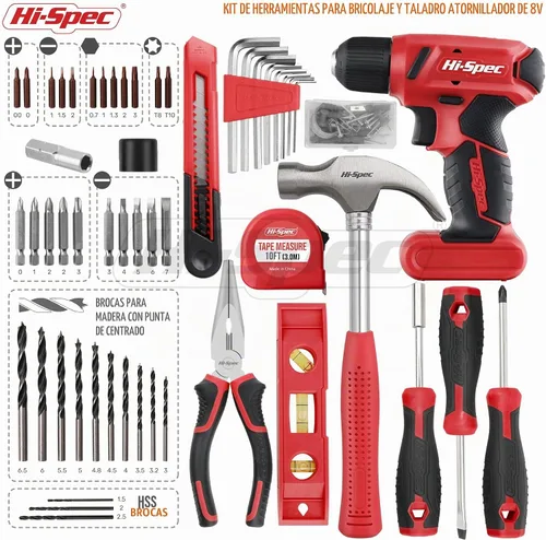 Vista 2 de Hi-Spec Juego de 58 piezas de taladro inalámbrico rojo de 8V USB de energía eléctrica y kit de herramientas de bricolaje para el hogar. Accesorios
