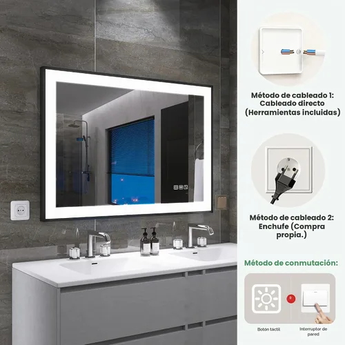 Vista 8 de SBAGNO - Espejo de baño LED de 40 x 28 pulgadas con marco negro, altavoz