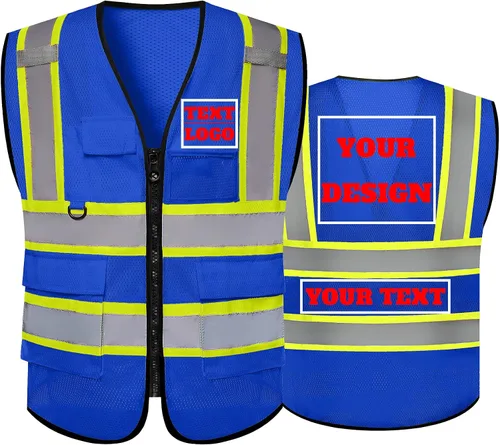 Vista 5 de Chaleco de seguridad reflectante de malla con logotipo personalizado Clase 2 con 5 bolsillos y cremallera