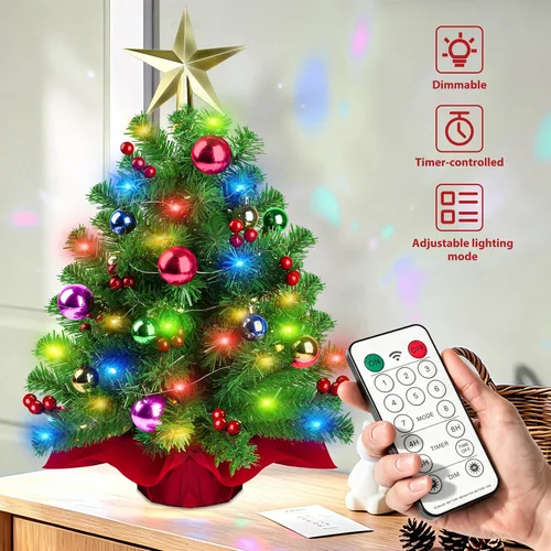 Vista 5 de Small Christmas Tree, 22 in Mini Tabletop Christmas Tree with Colored Ornaments Ball, Star Treetop, Red Berries and Cloth Bag Base,Artificial Xmas