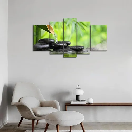 Vista 5 de Arte de pared Zen de 5 paneles verde spa bodegón con pintura de bambú la imagen impresión en lienzo imágenes botánicas para decoración del hogar