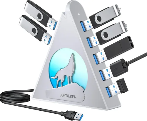 Vista 11 de Hub USB 3.0 de 7 puertos, divisor de concentrador USB vertical blanco con iluminación RGB en forma de árbol, transferencia de alta velocidad de 5