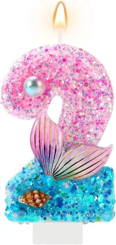 Vista 14 de Velas de cumpleaños, velas rosas y moradas del número 0 decoradas con caracolas, estrellas de mar y perlas para fiesta temática de sirena Morado