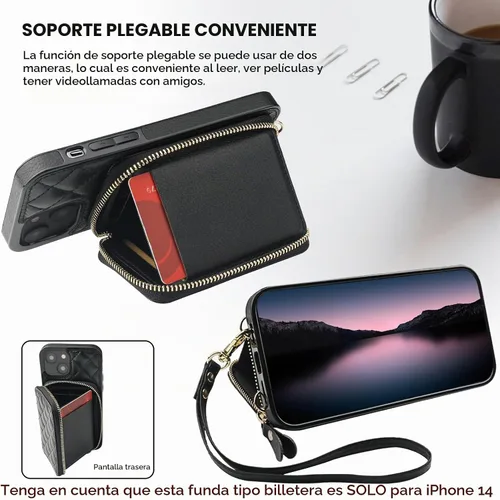 Vista 5 de Bocasal Funda tipo cartera cruzada para iPhone 14, con bloqueo RFID, de piel sintética, con cremallera, funda tipo cartera con función atril y Negro