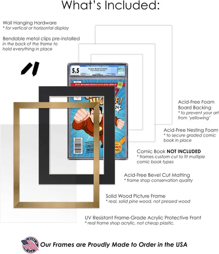 Vista 3 de Poster Palooza Marco de cómics con paspartú para 1 cómic de grado CGC, CBCS o PGX, marco de cómic de bronce para cómic de 8.125 x 13 pulgadas