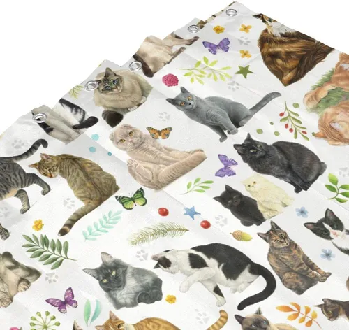 Vista 4 de Cortina de ducha de gato para baño con ganchos, lindo gatito colorido de dibujos animados con patas de mascotas para amantes de los gatos, regalo