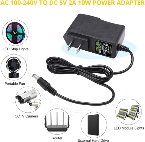 Vista 7 de Facmogu Pack de 2 adaptadores de corriente DC 5V 2A, transformadores de alimentación de CA 100-240V a CC 5V 2A 10W, conector de 5.5 x 2.5mm También