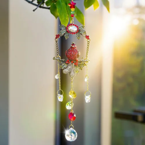 Vista 2 de H&D HYALINE & DORA Atrapasoles Cardinal en una Rama para Ventanas, Atrapasoles de Cristal de 44.45 cm con Cadena de Metal y Ganchos, Regalo