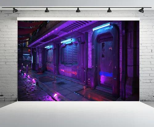 Vista 2 de Telón de fondo de ciudad Cyberpunk de 5 x 3 pies, estilo futurista, estilo grunge, urbano, neón, puerta de calle, paisaje urbano, fondo