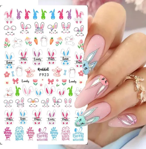 Vista 6 de 8 hojas de calcomanías de arte de uñas de conejo de Pascua, 3D, autoadhesivas, accesorios de arte de uñas, caricaturas, conejos, animales